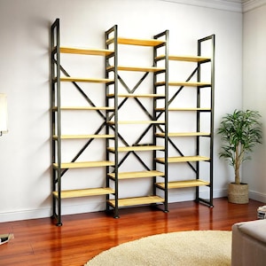 Wooden & Metal Bookshelf - Rustic Industrial Modern Bookcase Wall Unit, Customizable Storage Shelving, Walnut Bookshelf, Wooden Bookcase