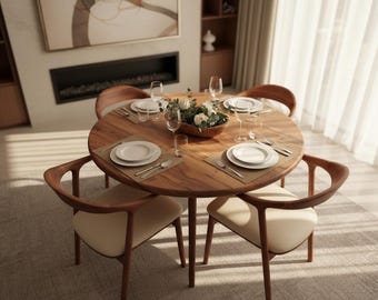 Mesa de comedor redonda de nogal hecha a mano: muebles rústicos de madera maciza