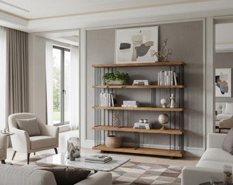 Custom Walnut Wood Bookshelf: Open Shelving with Metal Frame