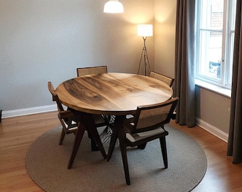 Handcrafted Round Walnut Dining Table: Rustic Solid Wood Kitchen Furniture