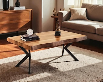Mesa de centro de nogal con borde natural hecha a mano / Losa de madera rústica
