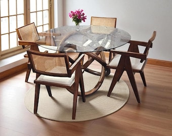 Round Glass Dining Table with Walnut Leg - Rustic Solid Wood Kitchen Furniture