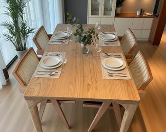 Mesa de comedor de roble a medida: madera maciza hecha a mano, muebles de cocina modernos y rústicos.