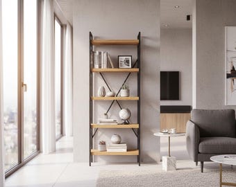 Walnut Wood Bookcase: Open Shelving with Metal Frame
