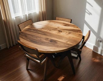 Handcrafted Round Walnut Dining Table: Rustic Solid Wood Kitchen Furniture