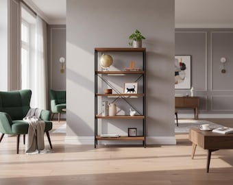 Librería de nogal a medida: estanterías abiertas de madera maciza y metal