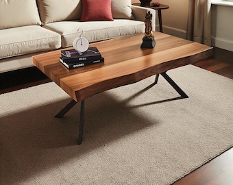 Mesa de centro de nogal con borde natural hecha a mano / Mesa rústica de madera
