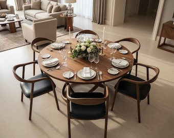 Mesa de comedor redonda de nogal macizo hecha a mano - Medidas personalizadas