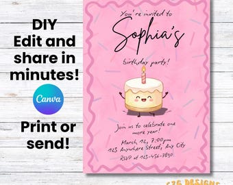 ピンクのスプリンクルケーキの誕生日招待状テンプレート、Canvaで編集可能（デジタルダウンロード）