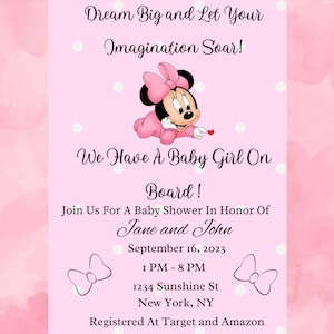 Editable Pink Baby Girl Disney Mouse Baby Shower Invitation Template