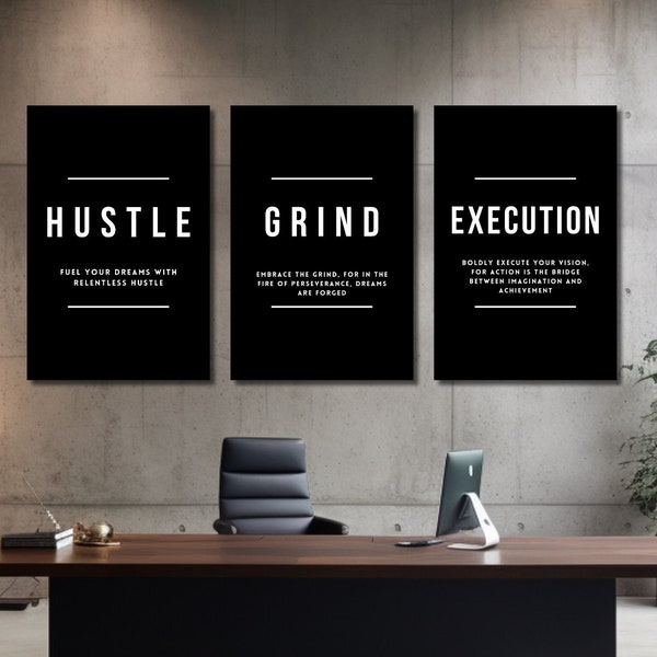 3 Piece Motivational Wall Art Canvas Prints, Brainy Quote, Quotes About life, Encouraging Signs, Words, Canvas, Noun Hustle Grind Execution