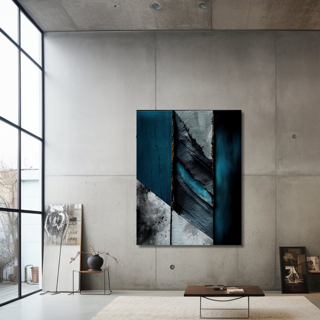 Blue Grey Gold Wall Art Print Office Decor Canvas Modern Design