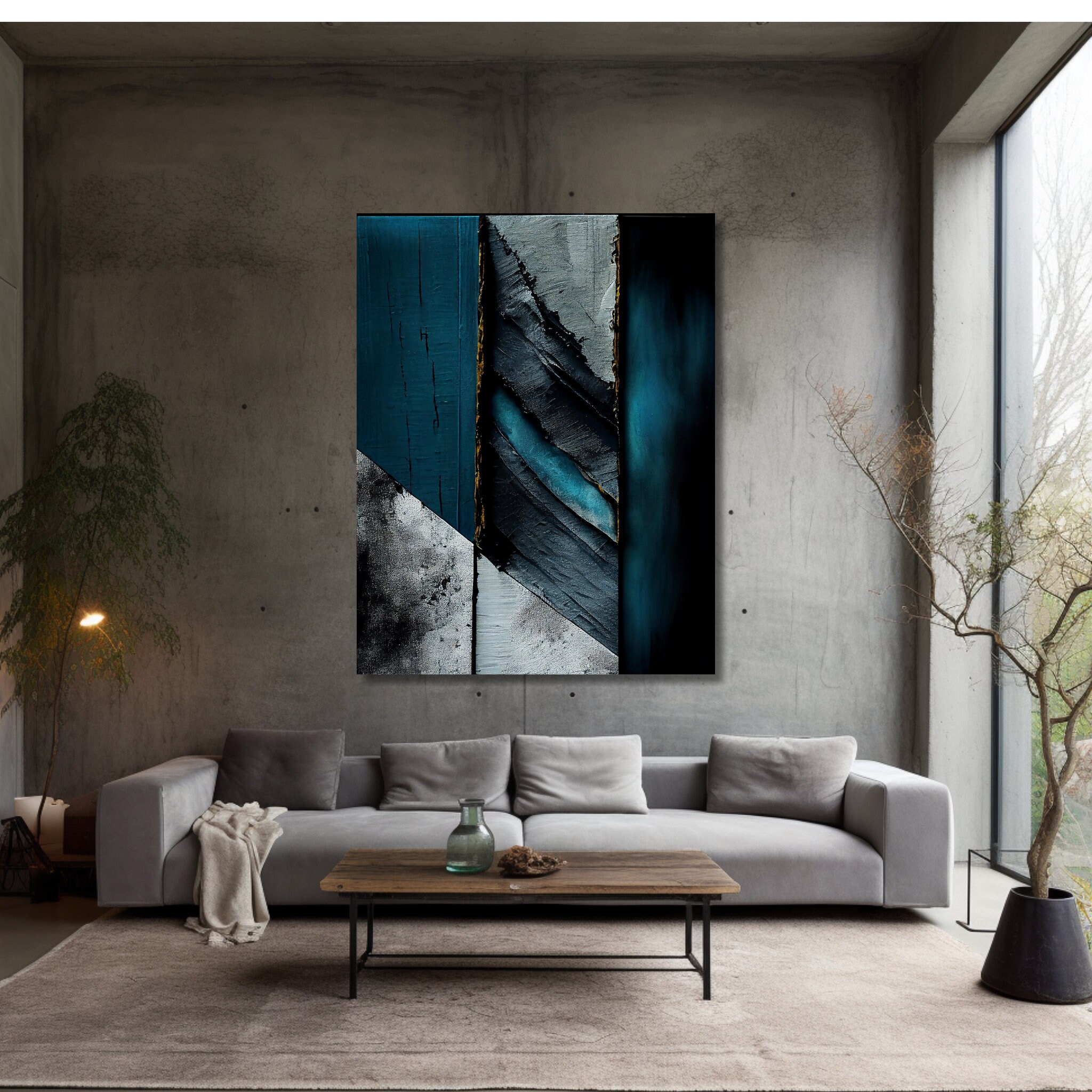 Blue Grey Gold Wall Art Print Office Decor Canvas Modern Design