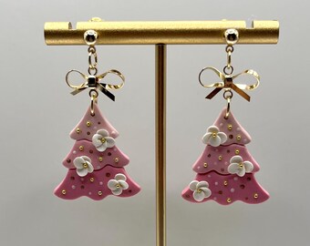 Rosey Pink Christmas Tree Dangle Earrings