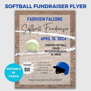 May include: A flyer for a softball fundraiser for the Fairview Falcons. The flyer is set against a baseball field background. The event is on April 10, 2024 at the Fairview Softball Fields, 100 Eastwood Drive, AL 49620. Tickets are $10 and include entry fee, hotdog, chips, and a drink. The flyer says "Thank you for your support!"