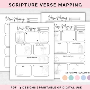 May include: Four printable designs for scripture verse mapping. Each design includes sections for key words, meaning, context, other translations, reflection and application, notes, and prayer. The designs are in black and white and have a simple, modern aesthetic. The text "& 5 FUN PASTEL COLORS!" is at the bottom of the image, along with a row of five colored squares.