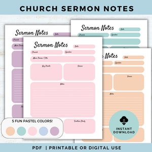 Pode incluir: Notas de sermão imprimíveis em cinco cores pastel: pêssego, azul-turquesa, rosa, azul claro e lavanda. As notas incluem seções para a igreja, a data, o orador, o tema principal, os pontos principais, os versículos e as notas. O texto "5 FUN PASTEL COLORS!" e "INSTANT DOWNLOAD" também está visível.