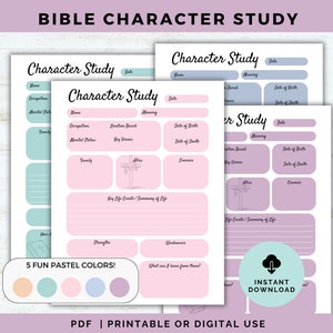 Può includere: Foglio di lavoro di studio dei personaggi biblici stampabile con cinque diverse opzioni di colori pastello. Il foglio di lavoro include sezioni per il nome, l'occupazione, la posizione, i versetti chiave, la famiglia, gli alleati, i nemici, la data di nascita, la data di morte e gli eventi chiave della vita. Il foglio di lavoro include anche una croce con una corona di spine.