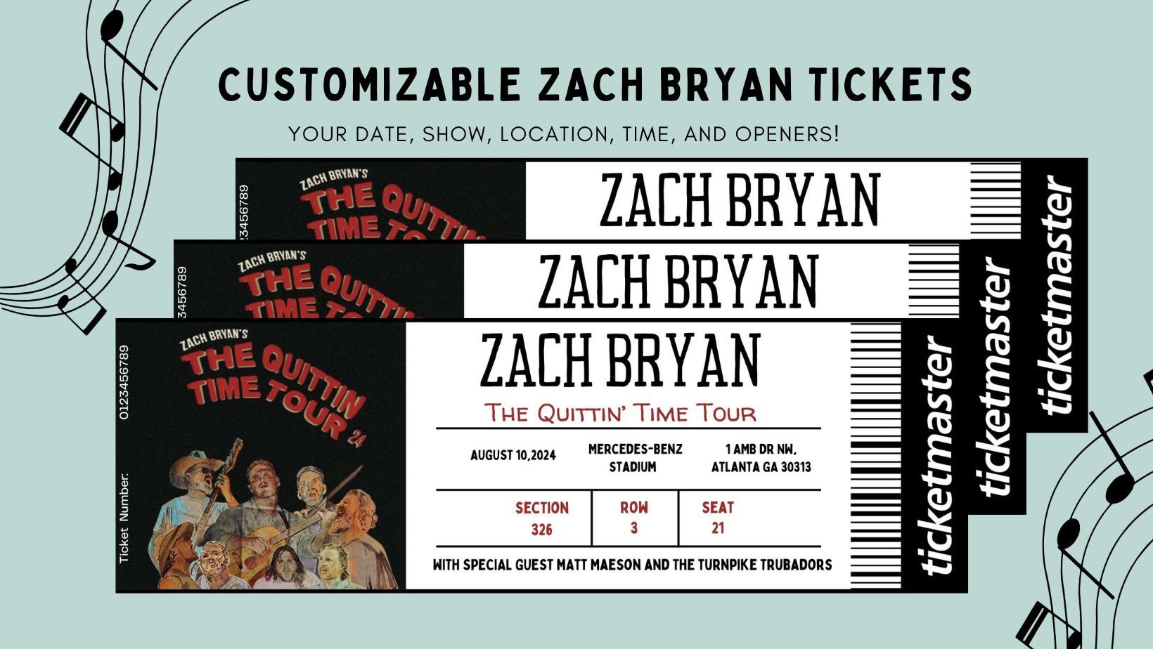 Zach Bryan the Quittin' Time Tour '24 Horizontal Concert Ticket