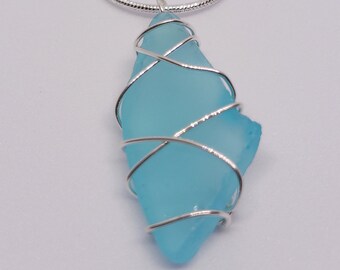 Sea Glass Necklace Sterling Silver. Beach Glass Pendant on  18" sterling silver chain lobster clasp. Wire loop teal necklace. Gift under 30.