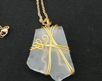 Sea Glass Necklace Gold. Beach Glass Pendant white. Wire Wrapped Sea Glass Jewelry. Sea Glass Necklace for women. Handmade. Gift under 30