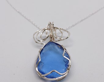 Artisan Sea Glass Necklace Silver. Beach Glass Pendant Blue. Wire Wrapped Jewelry. Sea Glass Necklace for Women. Mothers Day Gifts.