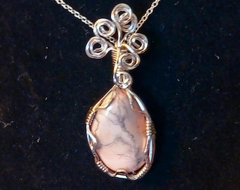 Silver Wire Wrapped Necklace: Pink Stone Pendant, Handmade Jewelry