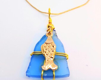 Seaglass Necklace: Gold Fish Charm, Blue Seaglass jewelry