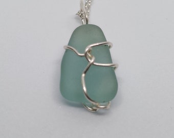 Sea Glass Necklace Silver. Beach Glass Pendant Lite Blue. Wire Wrapped SeaGlass Necklace. Sea Glass Jewelry for Women. Gift under 20.