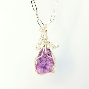 Handmade Purple Teardrop Pendant: Wire Wrapped Silver Necklace