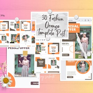Puede incluir: Una colección de 30 plantillas de publicaciones para redes sociales con un esquema de color naranja y marrón. Las plantillas incluyen texto como "Oferta especial" y "Descuento del 50%".