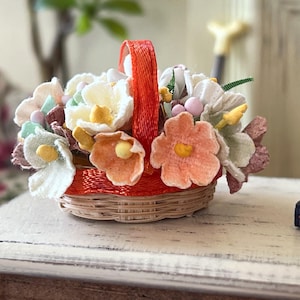 Miniature Wicker Basket with Paper Flowers-Dollhouse Table Center Piece-Miniature Home Decor- Dollhouse Handcrafted Spring Basket