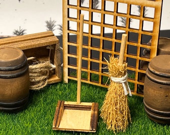 Odoria 1/12 Miniatur Set – Kehrbesen, Eimer, Mopp & Schaufel Für Die Puppenstube