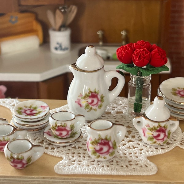 Dollhouse Miniature White Porcelain Tea Set, 1:12 Porcelain Tea Set for Four, Miniature Porcelain Tea Set with Pink Rose and Gold Trim