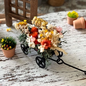 Miniature Red Metal Wagon with Dried Flowers – Vintage Fairy Garden Accessory, Dollhouse Patio Decor, 1:12 or 1/6 Scale Mini Wagon