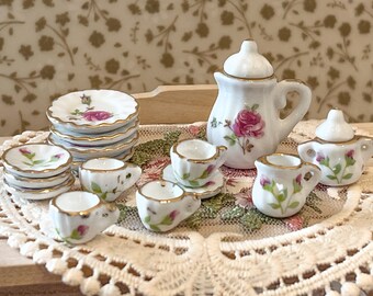 15pcs 1:12 Dollhouse Miniature Mini Ceramic Teapot Tea Cup Kitchen Tableware Set