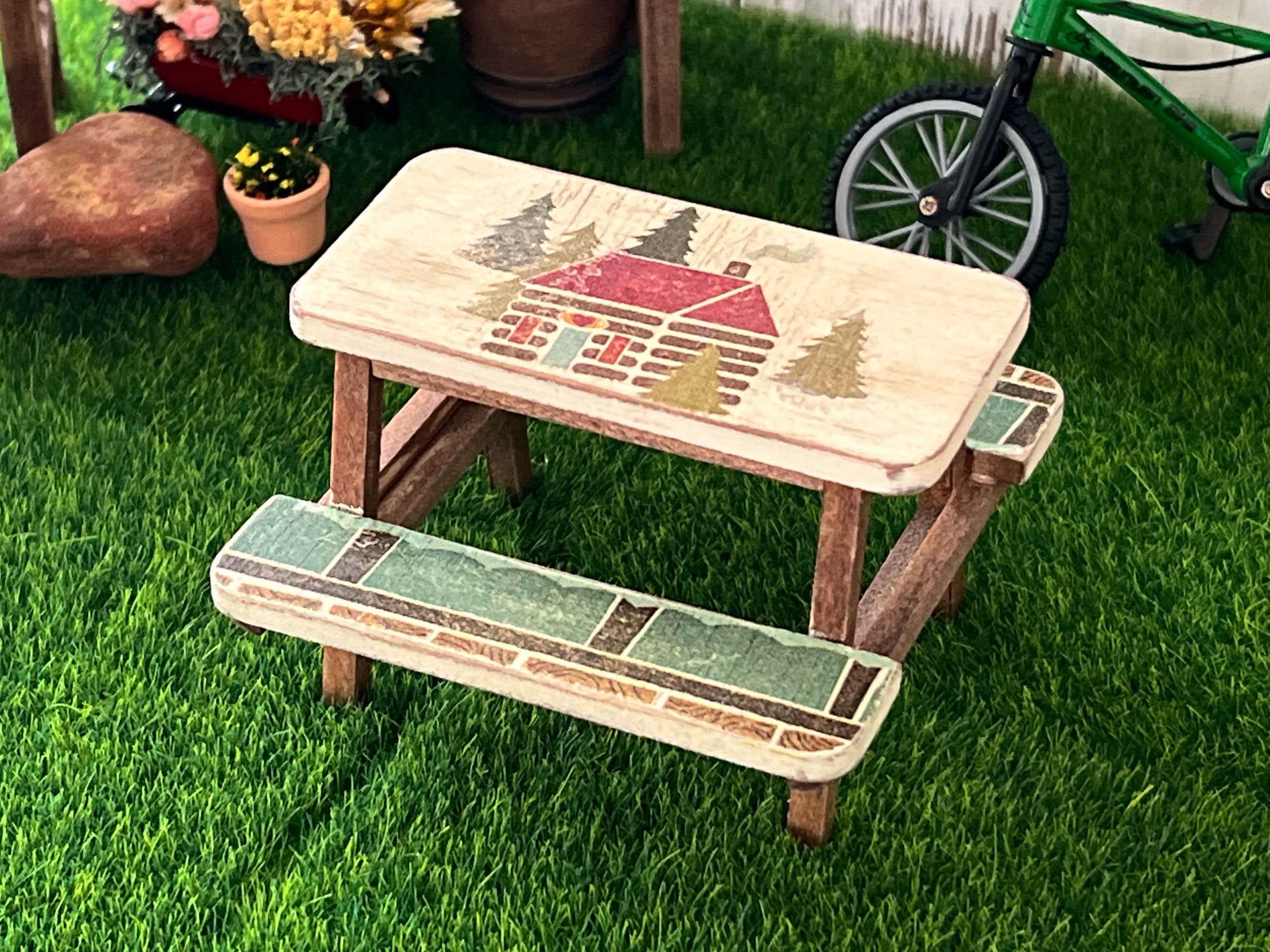 Miniature Picnic Table 1:12 Scale - Beige-brown Dollhouse Backyard ...