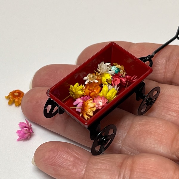 Dollhouse Miniature Retro Metal Red Wagon with Flowers, Functional Turning Wheels & Handle, Fairy Garden Wagon, Tiny Wagon with Flowers