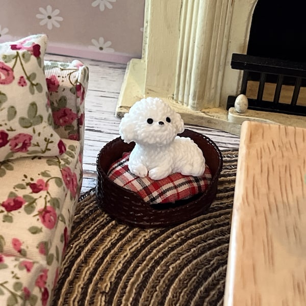 Dollhouse Miniature Pet Bed, Dog Bed, Cat Bed, 1:12 Scale Pet Bed, Miniature White Poodle Dog, Brown Pet Bed with Padded Cushion.