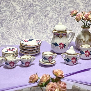 Miniature Porcelain Tea Set – 17-Piece 1:12 Scale Dollhouse Set – Purple-Pink & Blue Flowers with Gold Trim