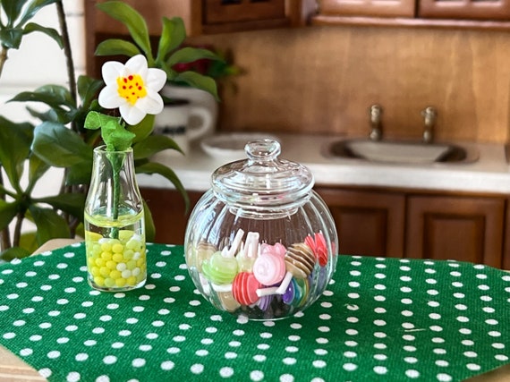 Miniature 1:12 Scale Glass Candy Jar with 20 Lollipops, Dollhouse Kitchen Decord