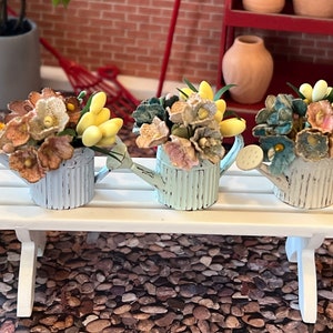 Miniature Metal Watering Can with Flowers – 1:12 Scale Dollhouse Garden Decor | Distressed Blue, Green, Beige