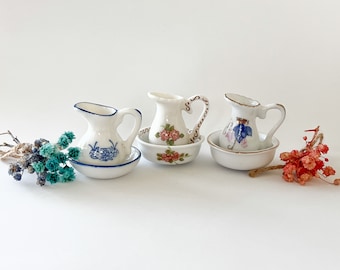 Miniature Ceramic Wash Bowl & Pitcher Set – 1:12 Scale Dollhouse Bathroom Accessory – 3 Nostalgic Styles Available