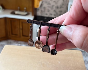 Miniature Copper Kitchen Utensil Set 1:12 Scale – 4 PC Dollhouse Cooking Set with Rack