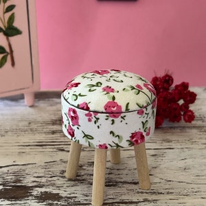 Dollhouse Miniature Pink Floral Cushion Stool – 1:12 Scale Dollhouse Bedroom or Living Room Decor