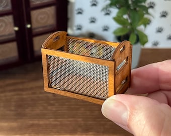 Dollhouse Miniature Wooden Storage Basket – 1:12 Scale Dollhouse Organizer & Kitchen Decor - Dollhouse Wooden Storage Crate with Mesh Side