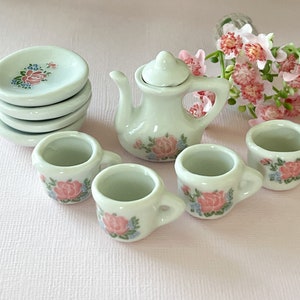 Miniature Ceramic Play Tea Set for 4 – 1:12 Scale Dollhouse Tea Party with Pink Rose Design-Tea Set for Children Playhouse