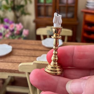 Miniature Gold Candlestick Holder – 1:12 Scale Antique Metal Tabletop Decor for Dollhouse Holidays or Special Occasions