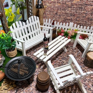 Dollhouse Miniature White Adirondack Patio Set for Dollhouse - Miniature Garden Bench, Table & Chairs - 1:12 Scale White Outdoor Furniture