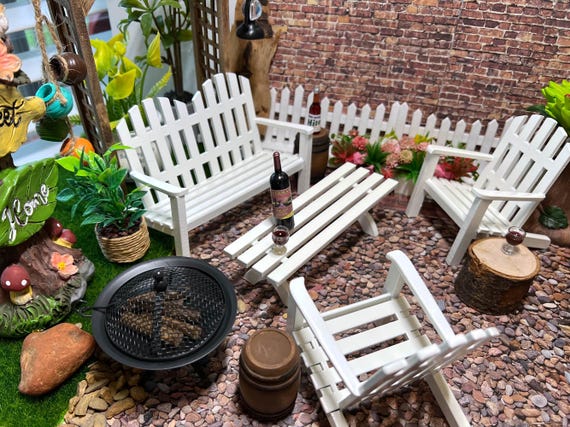 Miniature White Adirondack Patio Set - 1:12 Scale - Wooden Miniature Garden Bench, Table & Chairs